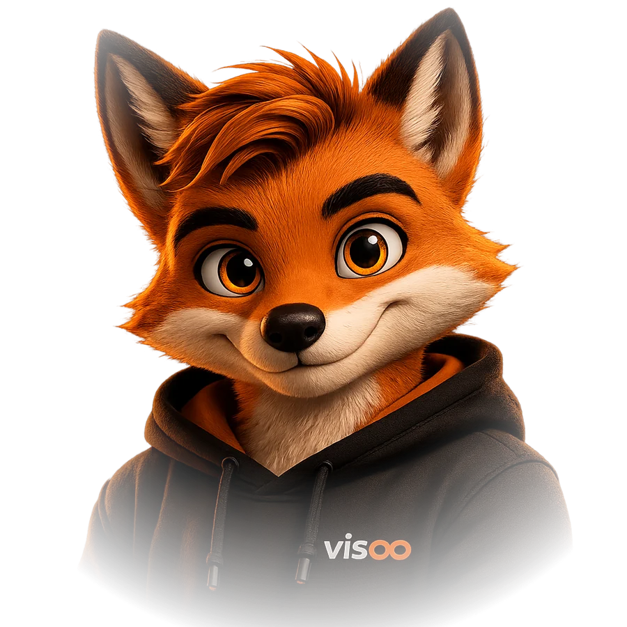 Mascote raposa da Visoo, com um sorriso acolhedor